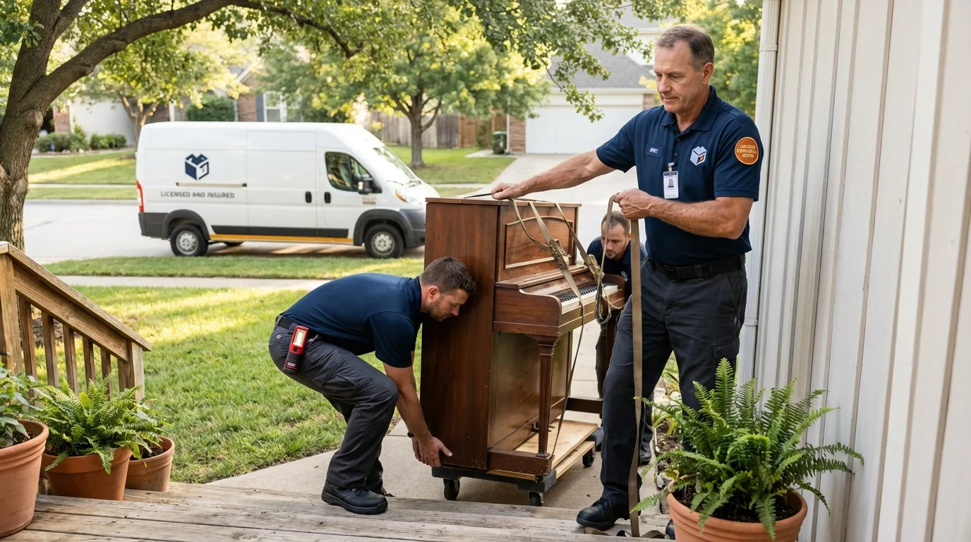 Licensed piano movers securing grand piano in Elmwood, IL