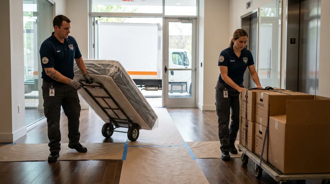 Professional apartment movers loading elevator in Elmwood, IL